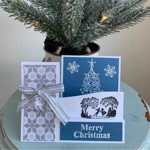 HAND CRAFTED Holiday Card Silhouette Ice Skaters 3D Art Blue White Silver Black
